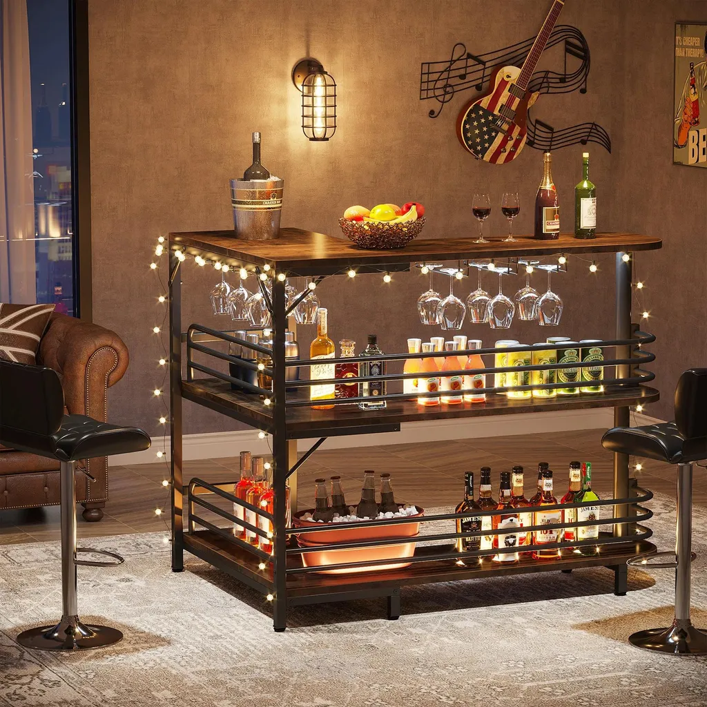 Table de Bar d'Angle Chocolat - Comptoir de Salon avec Rangement de Verres - 4