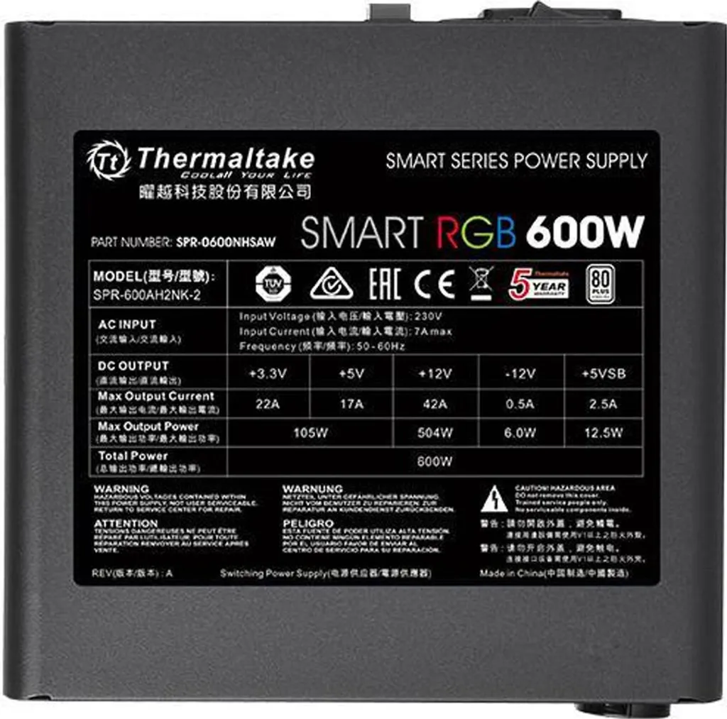 Alimentatore 600W Thermaltake Smart RGB - Gaming Style 80 PLUS - 3