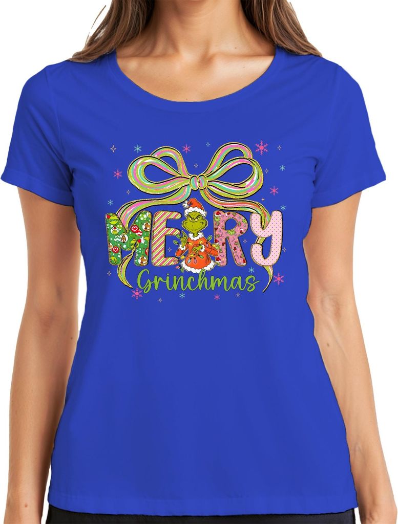 Merry Grinchmas Grinch Weihnachten lustig Geschenk Schleife bunt Damen T-Shirt, Blau, M