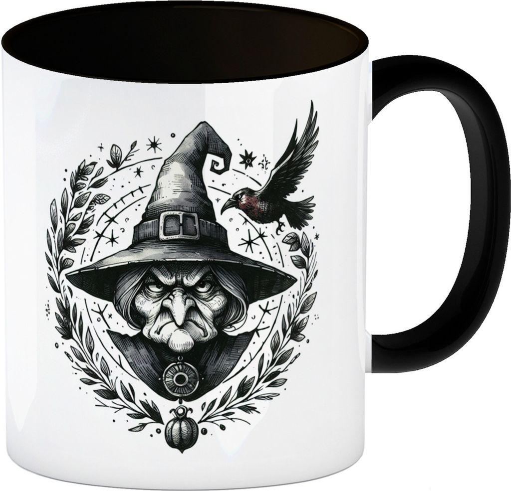 Hexe mit einem Raben Kaffeebecher in schwarz