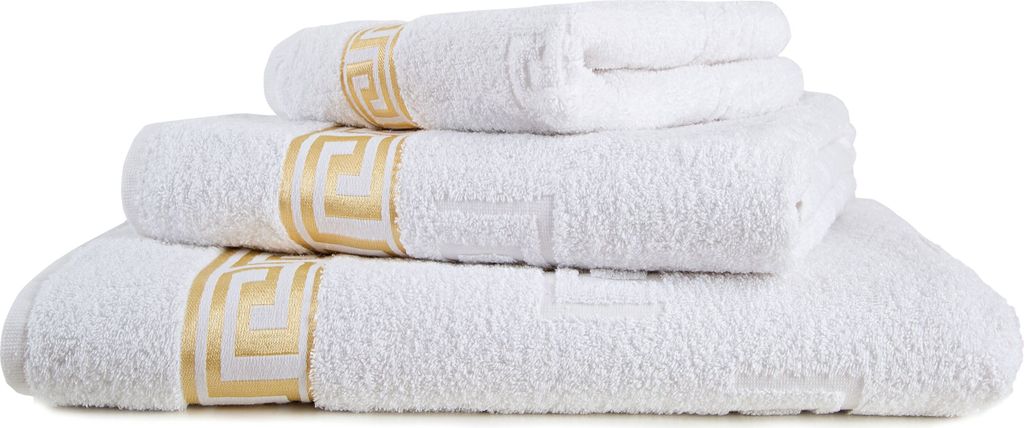 3tlg. Luxus Medusa Saunatuch Badetuch Handtuch Set - Weiß - Frottee - Goldene Bordüre