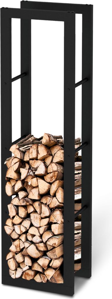A black metal firewood rack filled with logs, shown against a white background.