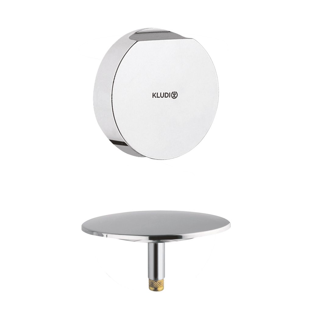 A chrome-finished bathroom drain assembly, including the cover and the drain body, is displayed against a white background.