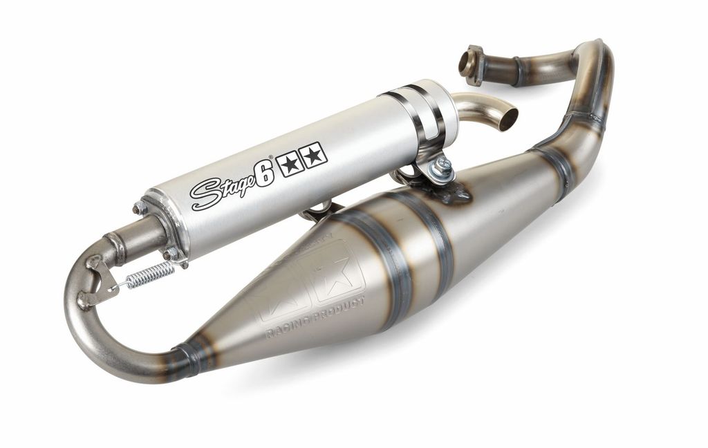 A silver and gray exhaust system for a scooter, displayed against a white background.