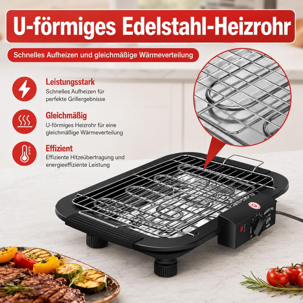 Elektrogrill 2000W, Tischgrill mit 5 Temperaturstufen