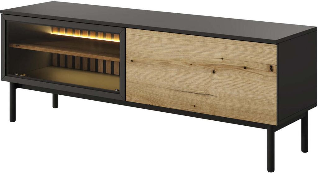 FURNLUX Tv-ständer Lang Eiche Und Schwarz 150cm / Hauptfarbe: Schwarz / Abmessungen: 150 x 40 x 55 cm