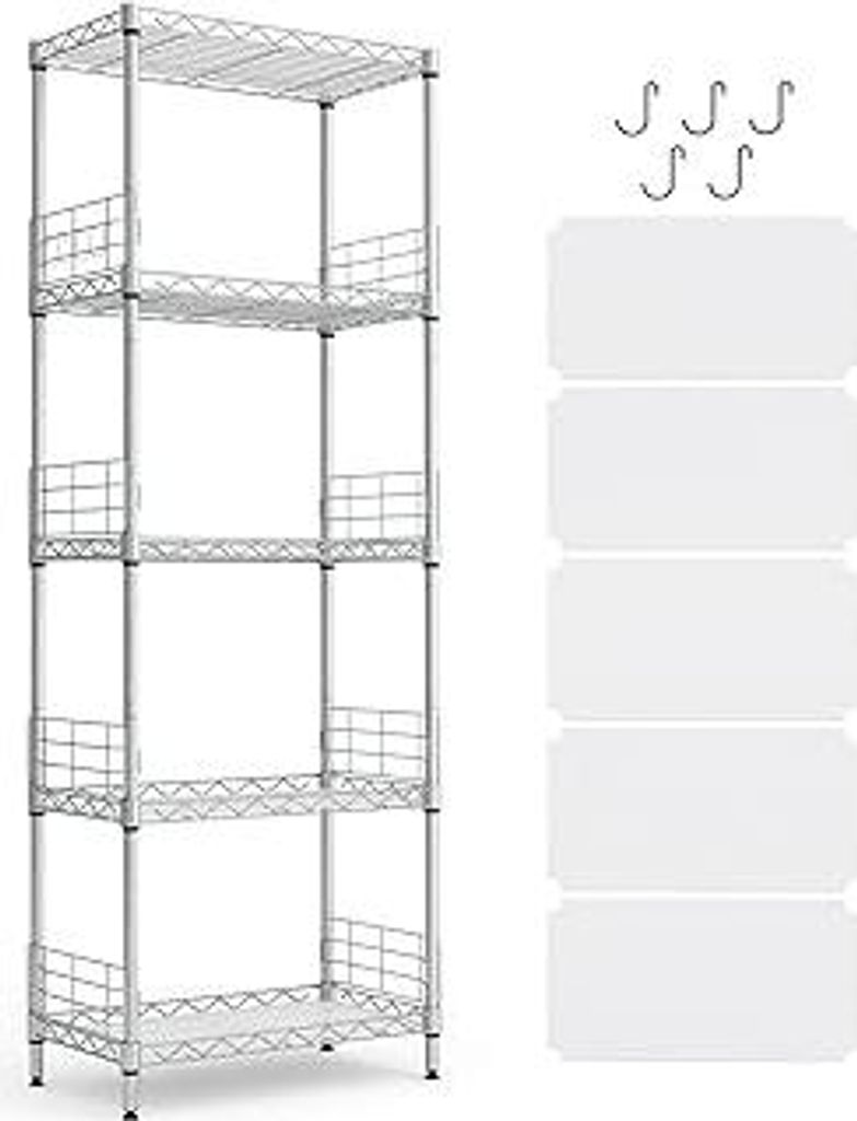 LINSY HOME Standregal mit 5 Regalböden, Metallregal, Gitterregal Metall, Vorratsregal Schwarz mit Abnehmbare Haken für Keller, Wohnzimmer, Büro,...