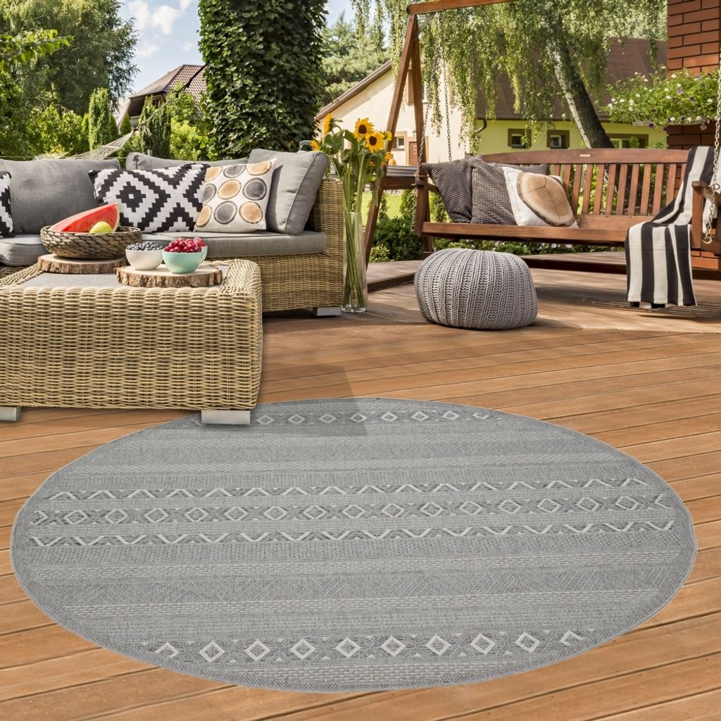 In- & Outdoor Teppich Sisal Diamantenmuster gestreift graufarben Größe - 160 cm Rund