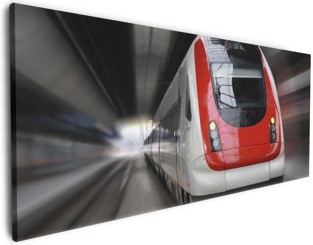 Wallario Premium Leinwandbild Fahrender Zug von vorn in Produktbild 