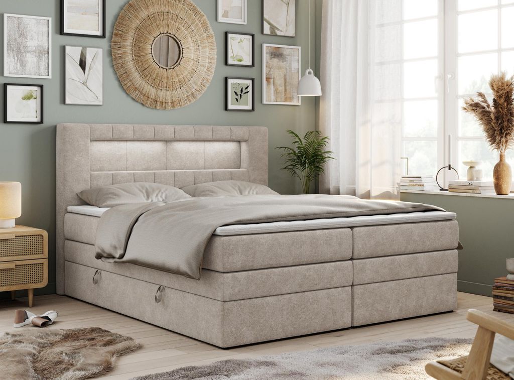 Boxspringbett mit LED Kopfteil und Topper - GOLD-5-KING - 200x200cm - Beige - Hart (H4)