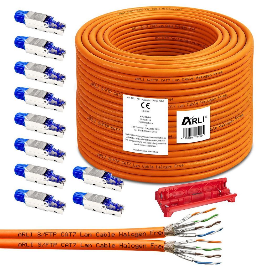 ARLI 100 m Duplex Cat7 Verlegekabel S/FTP LSZH + 10x RJ45 Cat8.1 Stecker werkzeuglos + Kabelmesser Netzwerkkabel Orange