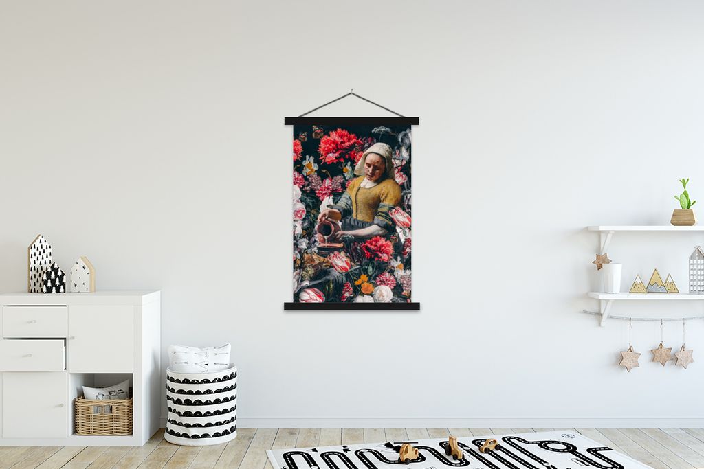 MuchoWow Textilposter Milchmädchen - Johannes Vermeer - Blumen - Rosa 120x180 cm mit schwarzem Rahmen - Fotos