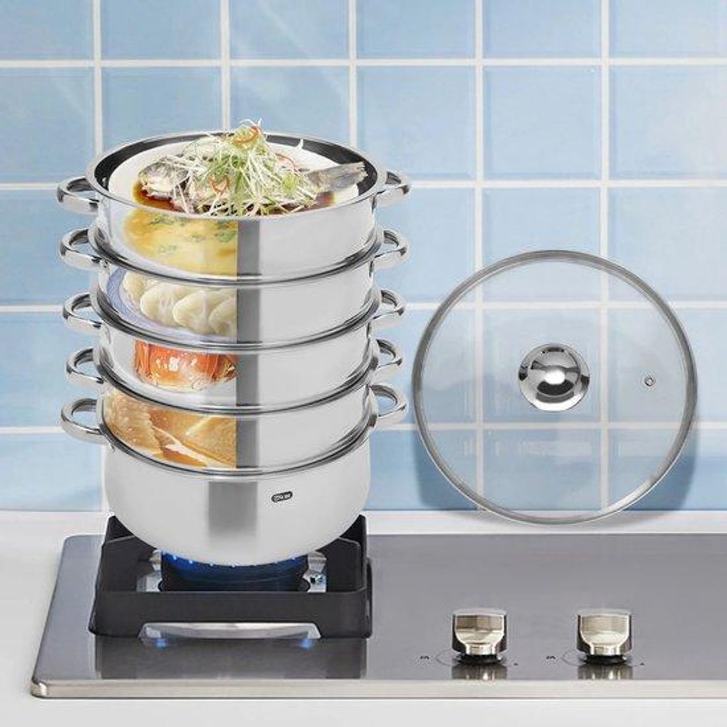 Silberner Stahl-Steamkocher - Kochset - Topf Mit Glasdeckel - 5 Stücke - Durchmesser 28 Cm - Rund