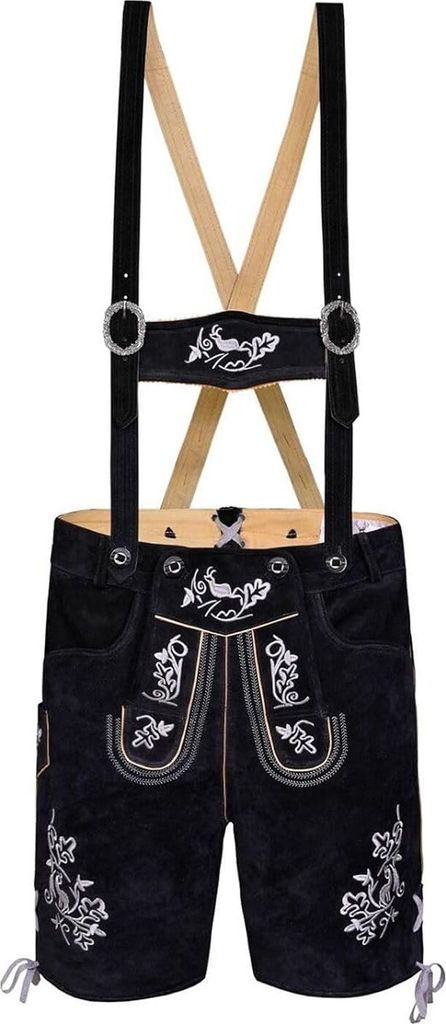 Kurze Trachten Lederhose mit Hosenträger Trachtenhose Schwarz mit Stickerei, Größe:52/L, Farbe:Silber