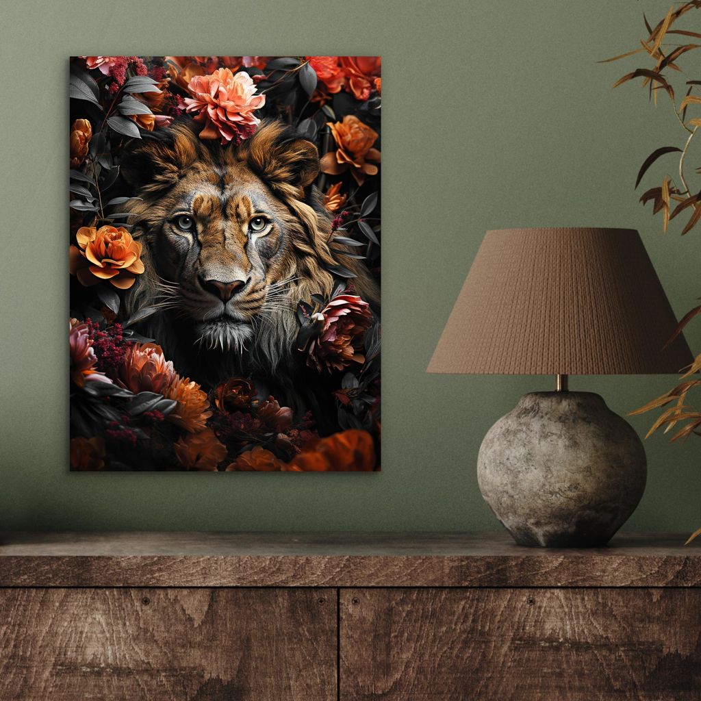 MuchoWow Wanddekoration Metall Metallbild Wandkunst 30x40 cm Löwe - Tier - Natur - Floral - Botanisch MuchoWow Aluminium Gemälde - Bilder