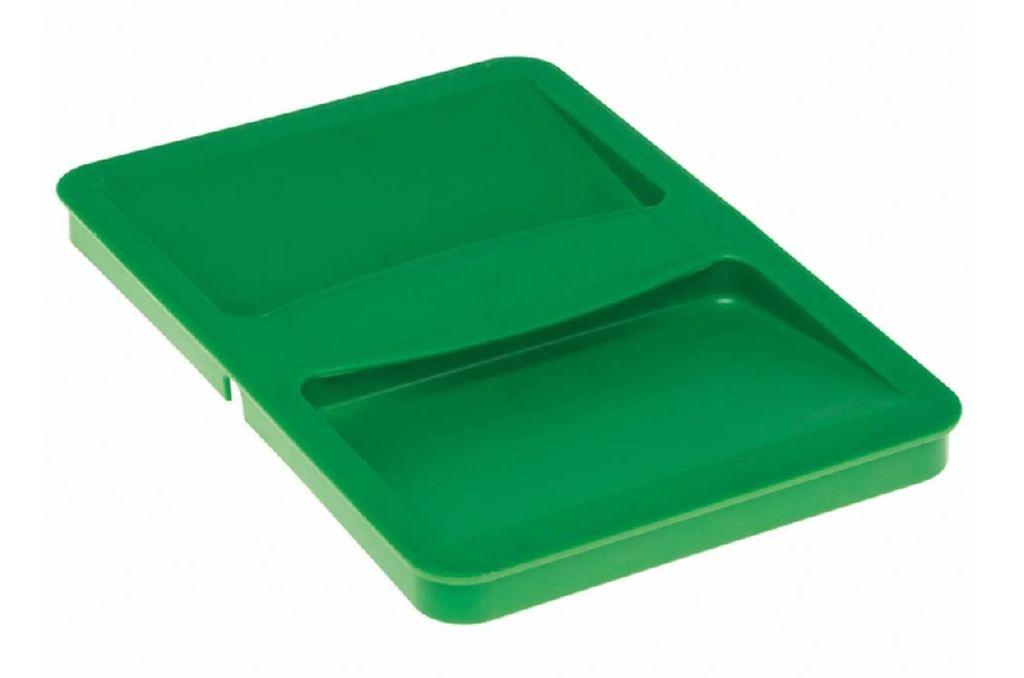 A green plastic lid for a trash can or recycling bin, shown from a slightly elevated angle against a white background.