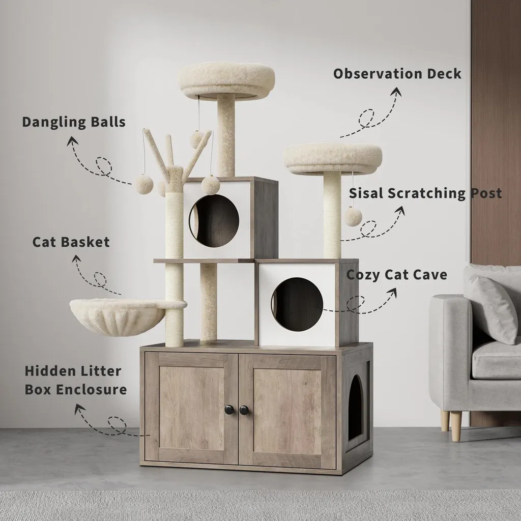 Meuble arbre à chat multi-fonctions 5 étages avec cache-bac à litière - 4