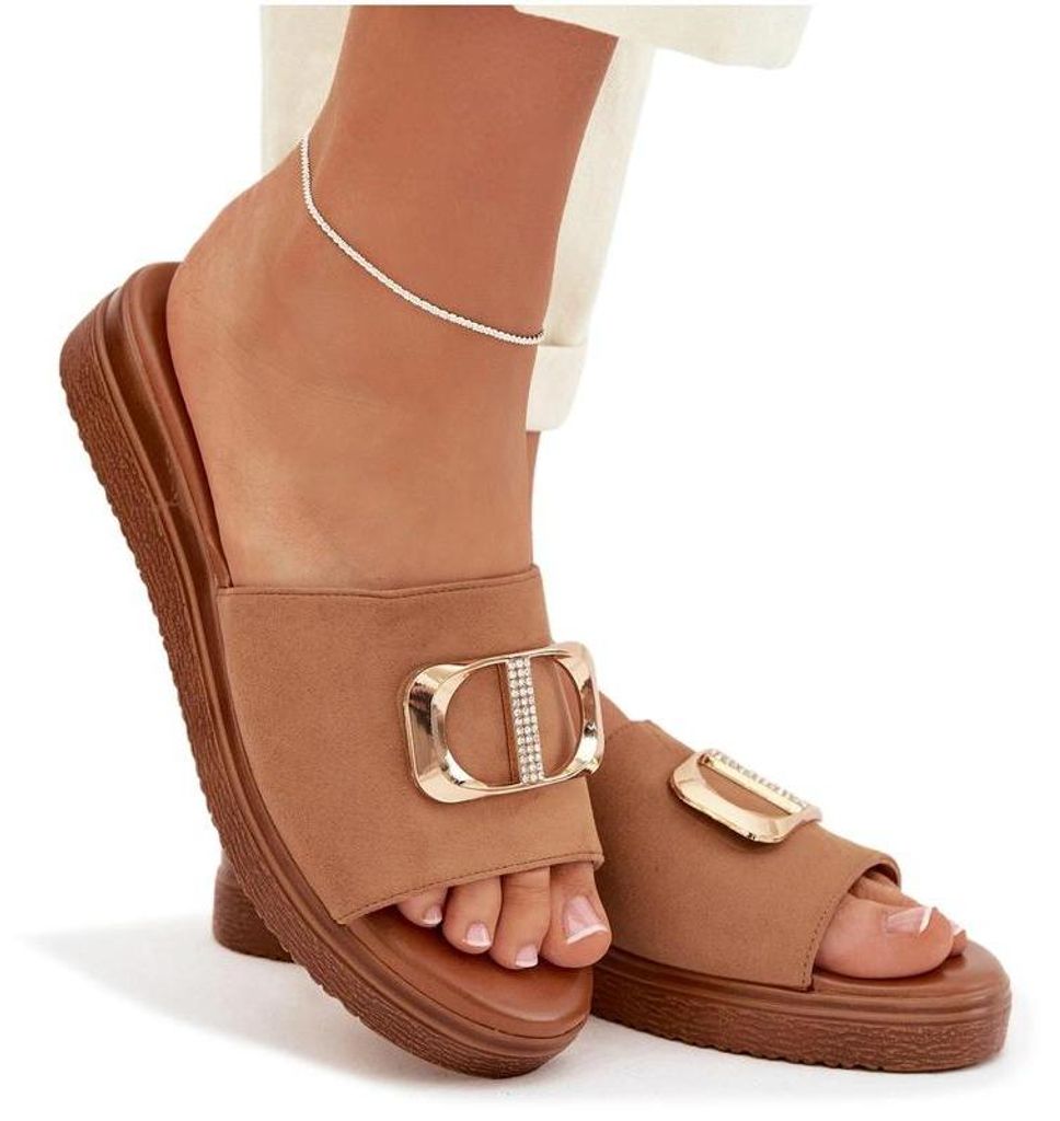 Damen Slippers Mit Gold Detail Camel Elmera 37