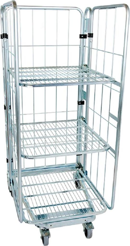 Nestbarer Rollbehälter Large, 725 x 820 x 1.780 mm, 3-seitig, 2 Zwischenböden, Nutzhöhe 1.540 mm, Rollplatte aus Metall, 500 kg