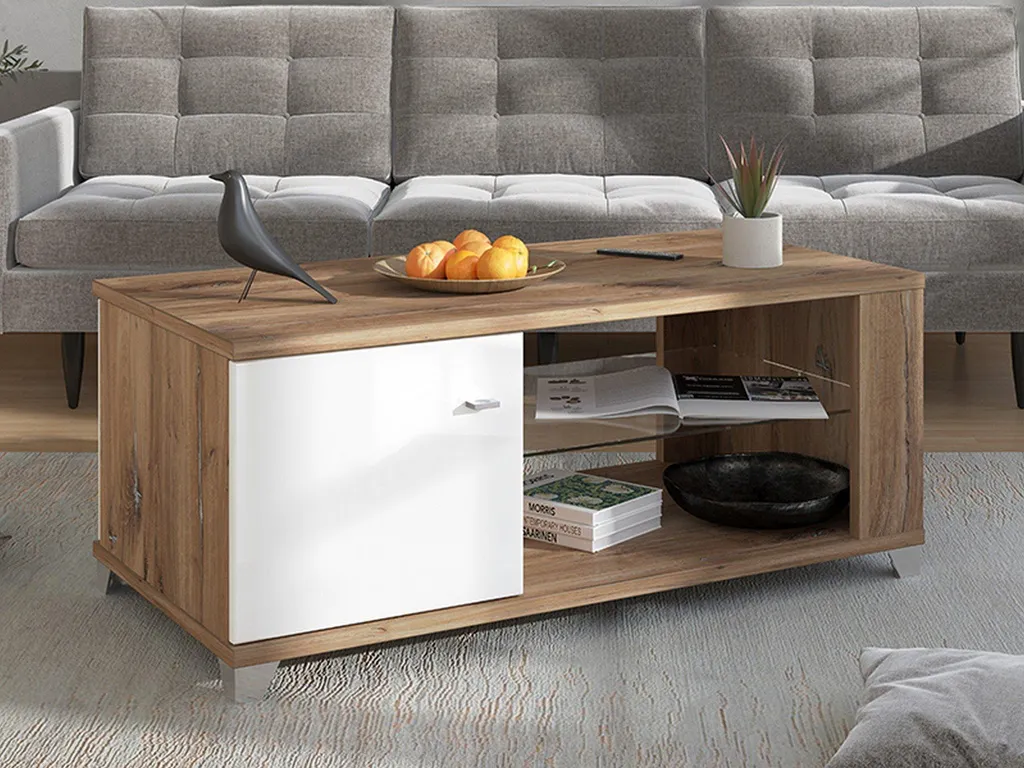 Table basse Treiso pour salon moderne, noyer brun avec triples rangements