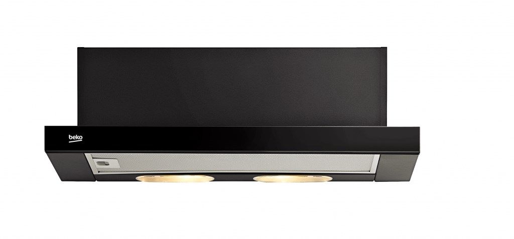 A black under-cabinet range hood with a silver filter and two lights.
