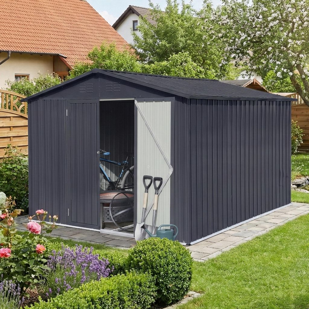 A garden shed in a backyard setting with flowers and greenery.