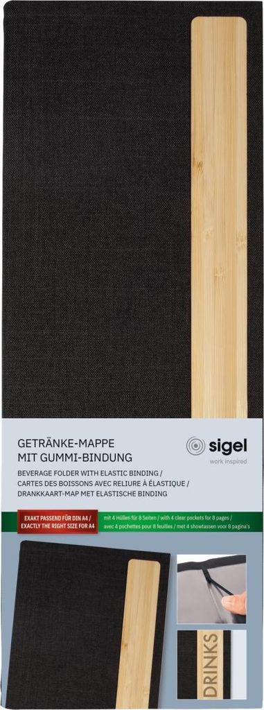 Getränke-Mappe Gummi-Bindung 1/2 A4 Langformat DRINKS dunkelgrau/Bambus Packung mit 5 Stück