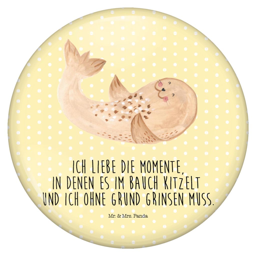 Mr. & Mrs. Panda Schmucknadel Robbe Liegen - Gelb Pastell - Geschenk, Button, Strand, Badge, Ostsee, Seehund, Lachen, Anstecker, Pin, Plakette, Nor...