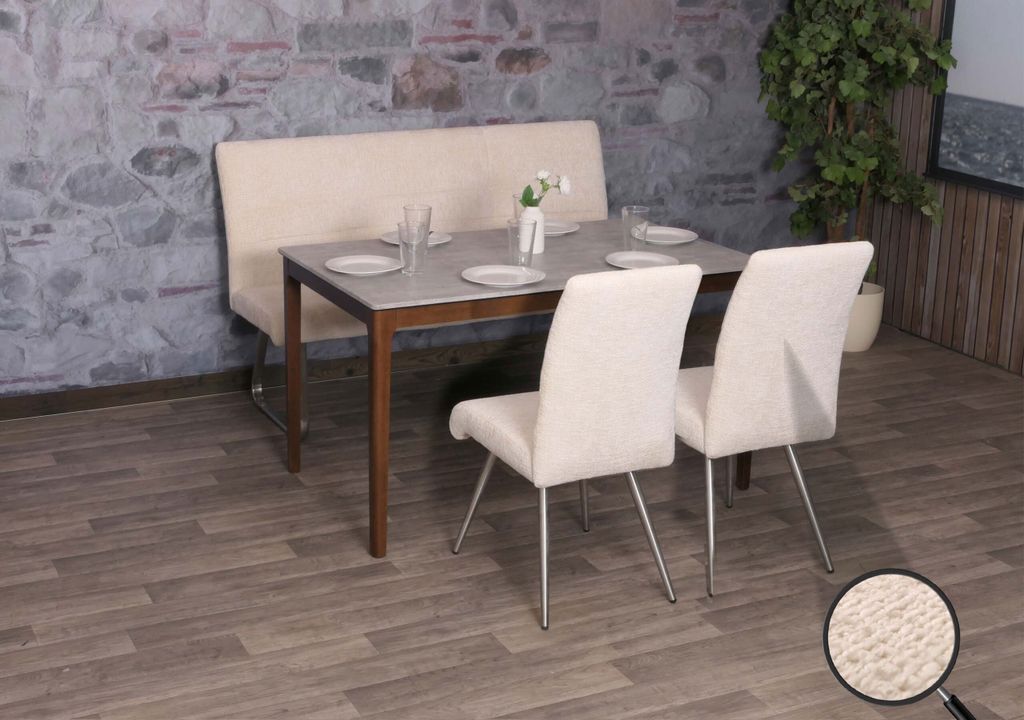 Esszimmer-Set MCW-G55, 2er-Set Stuhl + Sitzbank 160cm, Edelstahl gebürstet Stoff/Textil Chenille creme