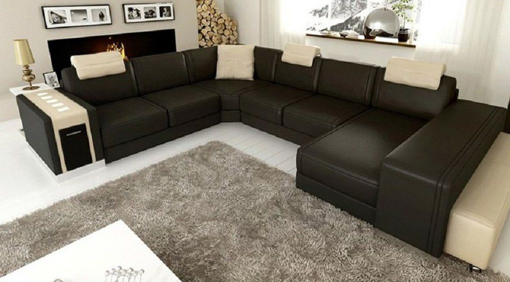 Ecksofa U Form + Hocker Polster Couch Ledersofa