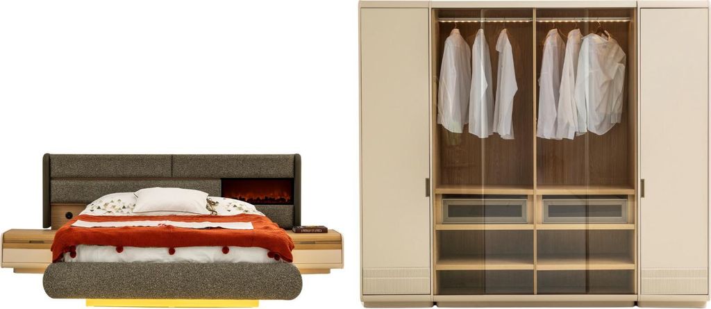 Schlafzimmer Set Aura Holzwerkstoff Stoff Beige Eicheoptik, Set:Typ-3