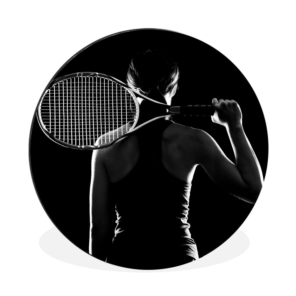 MuchoWow Aluminium Wandkreis Tennisspieler auf schwarzem Hintergrund - schwarz und weiß Ø 60 cm Wanddeko Modern Wohnzimmer - Wand Kreis - Wandb...