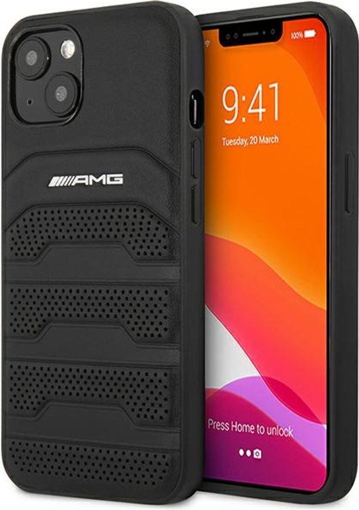 A black iPhone case with the AMG logo is shown next to an iPhone displaying the lock screen.