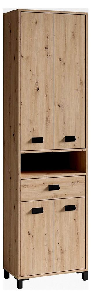 Badezimmer-Hochschrank in Artisan Eiche mit schwarzen Metallgriffen, 4 Türen und offenen Elementen, viel Stauraum, B 54, H 193, T 31 cm