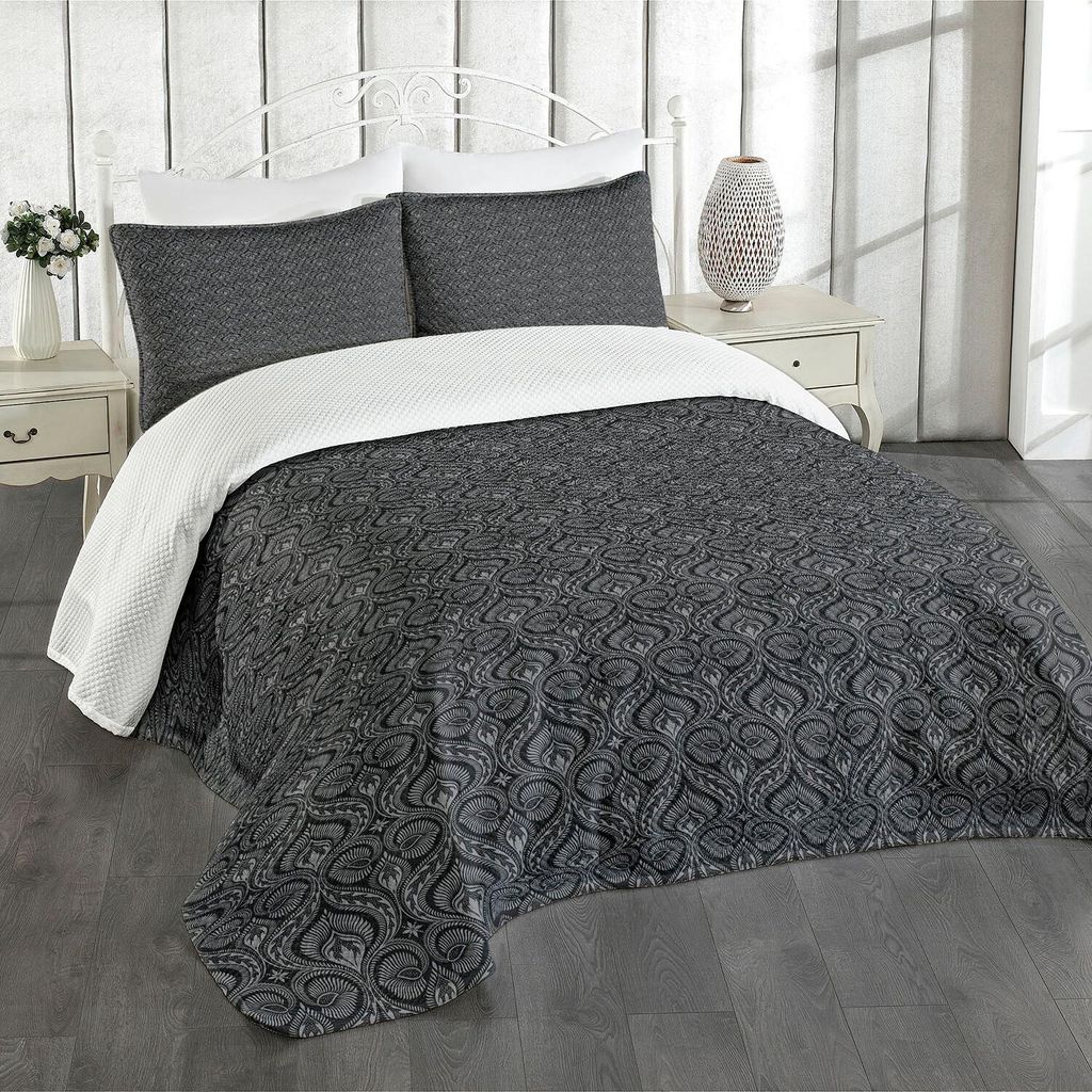 ABAKUHAUS Renaissance Tagesdecke Set, Viktorianischer Damast mit Boho Ethnisch und im Nahen Osten Traditionelles Blatt Influence, 220 x 220 cm, Gra...
