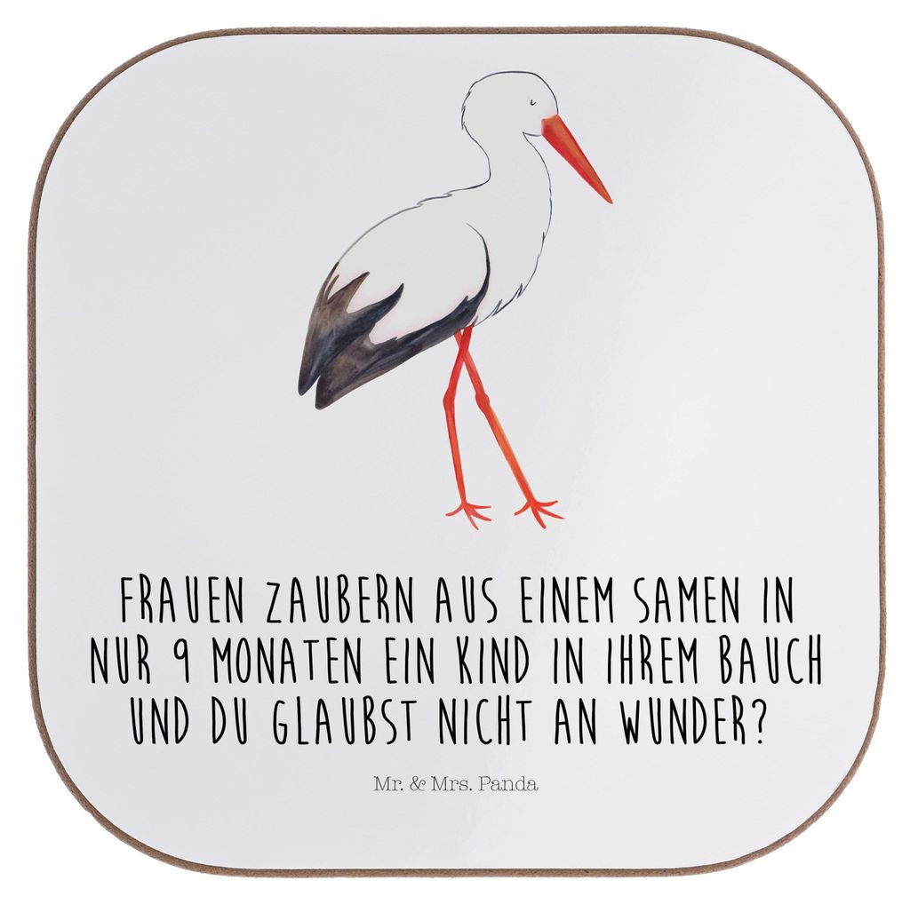 Mr. & Mrs. Panda Untersetzer für Gläser Storch - Weiß - Geschenk, Baby, Coaster, gläseruntersetzer, Lustige Sprüche, Holzuntersetzer, Schwange...