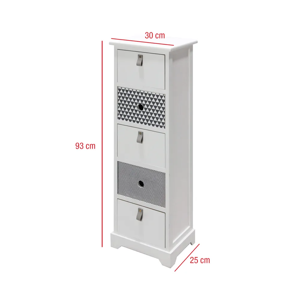 Commode fine bois 5 tiroirs gris et blanc avec façades décorées chic - 3