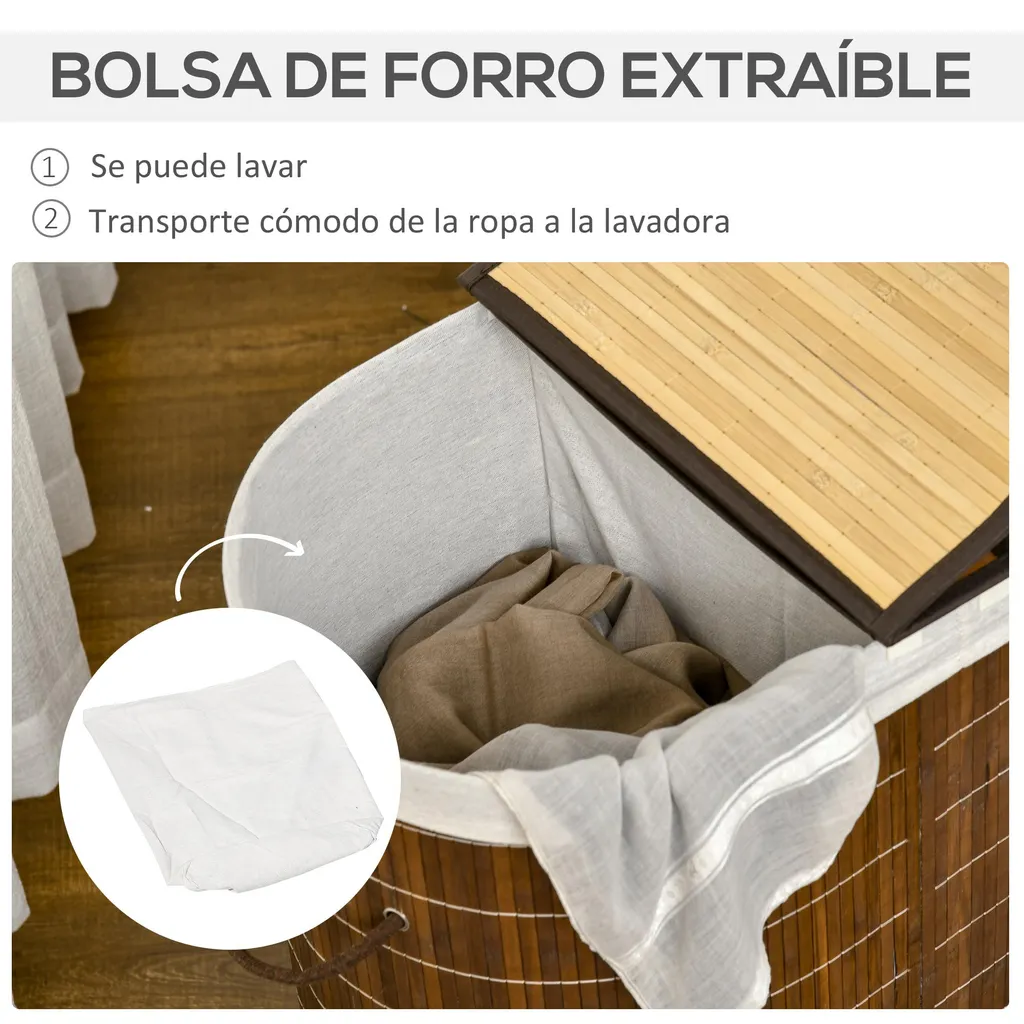 Panier à linge double compartiment 100L marron 62,5x37x60,5 cm robuste - 5