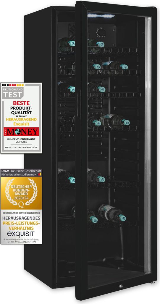 A black wine refrigerator with its door open, displaying shelves and bottles inside. There are several award badges on the left side of the image.