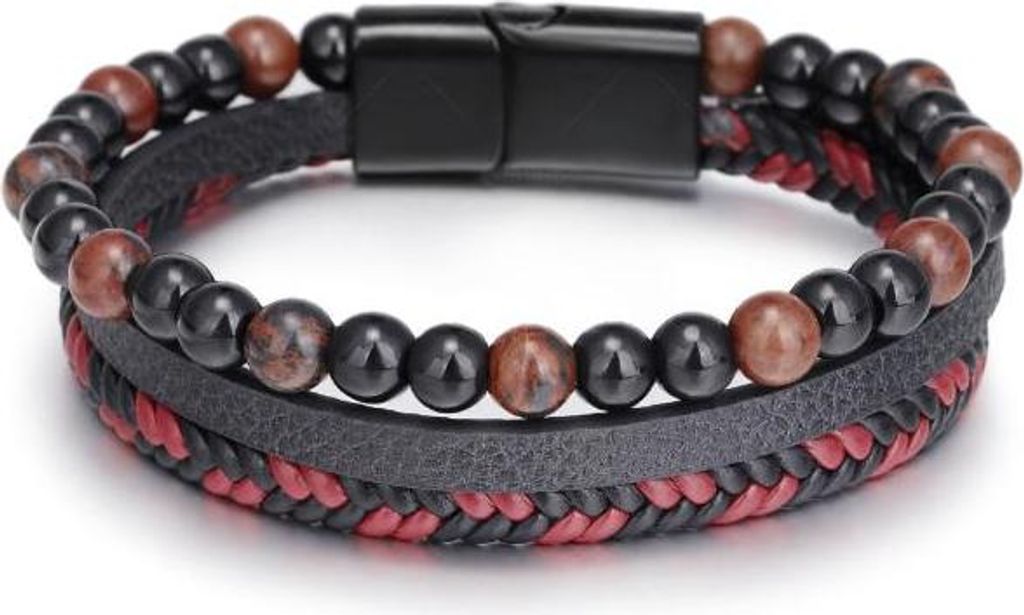 Mehrlagiges Lederarmband mit Perlen, schwarz und rot, 21 cm