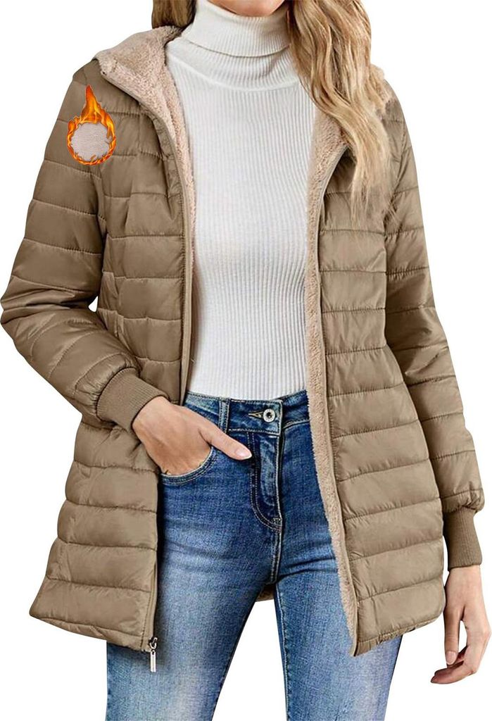 ASKSA Damen Winterjacke Warm Gefuettert Steppjacke Winter Leicht Jacke Teddyfleece Wintermantel Mit Kapuze (Khaki,L)