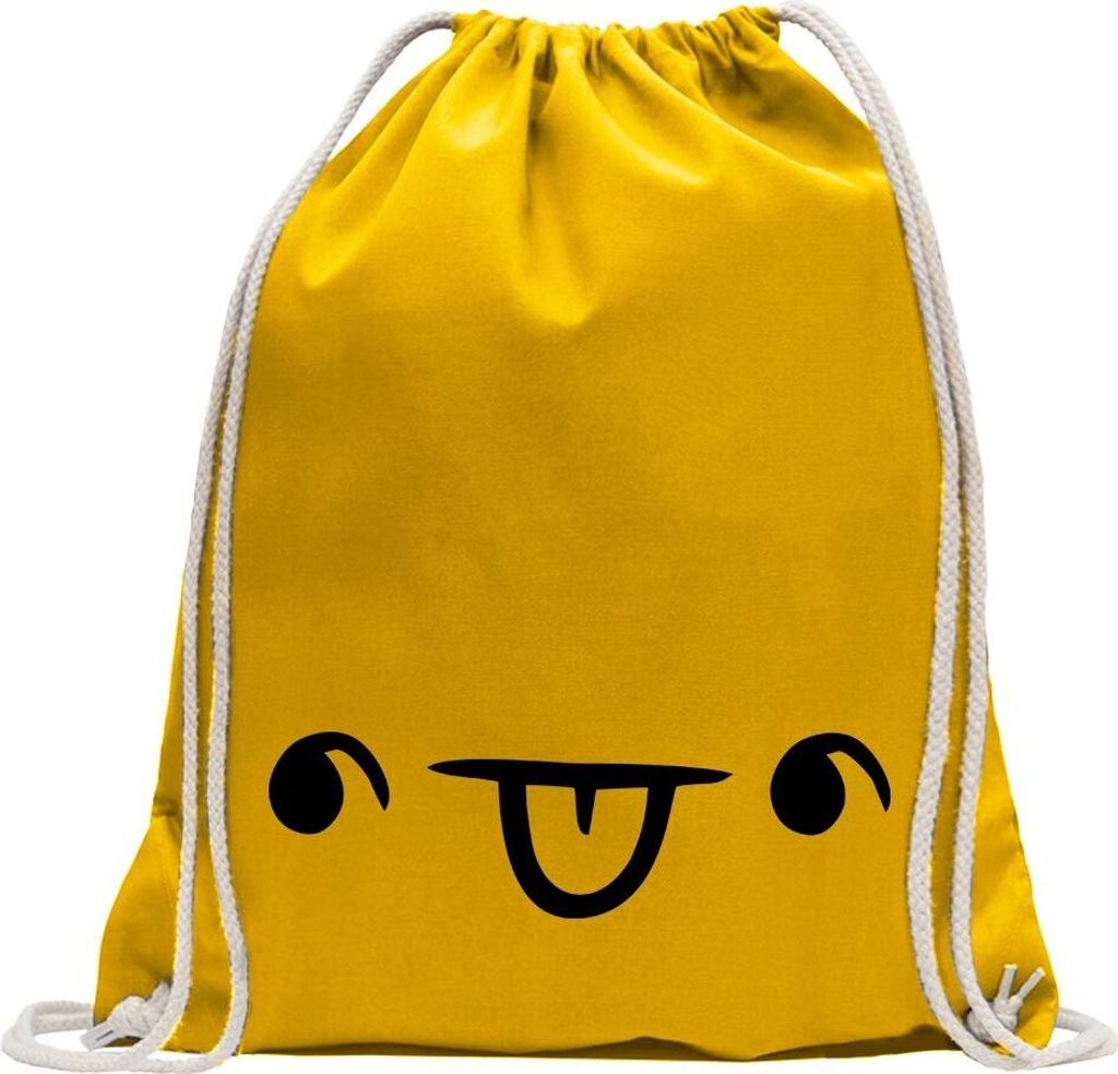 Kiwistar - Turnbeutel - gelb - Fröhliches Gesicht - Fun Rucksack Sport Beutel Gymsack Baumwolle mit Ziehgurt