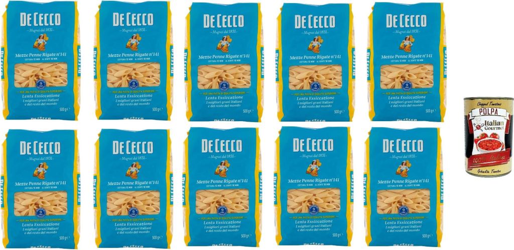 De Cecco Mezze Penne rigate N°141 100% Italienisch Pasta Nudeln 10x 500g + Italian Gourmet Polpa 400g