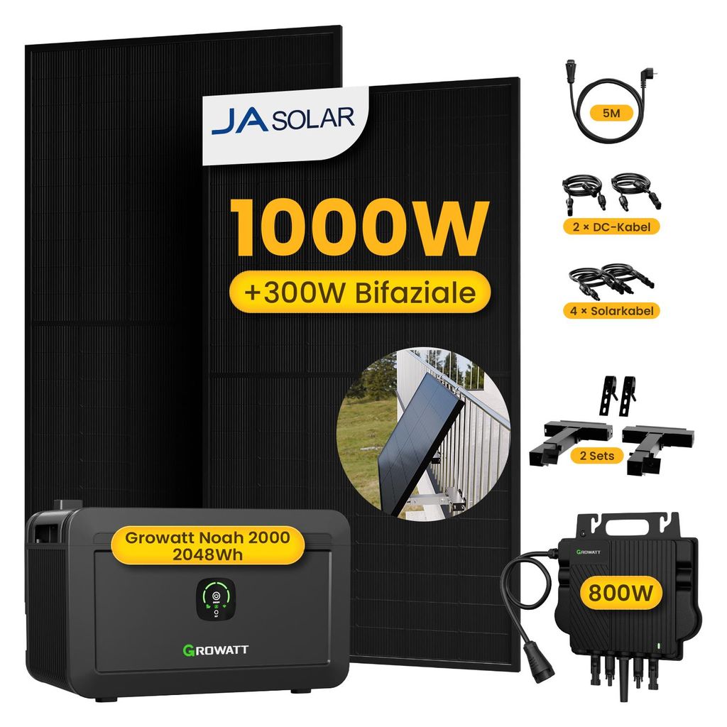 Powerness Balkonkraftwerk mit Speicher, 2x JA Solar 500W Module & Growatt 800W Mikro-Wechselrichter & Growatt NOAH 2000 & 2x Balkon-Halterung(Schwarz)