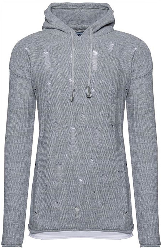 Brandneu Schicker Strickpullover CARISMA CRM7457 Löchern und Kapuze Hellgrau L