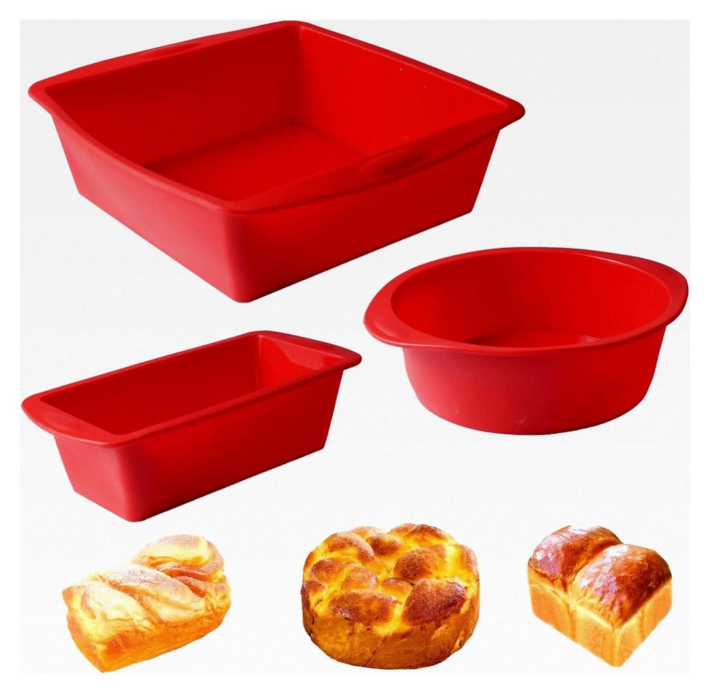 3 Stück Silikonformen für Kuchen, Silikon Backform Set, Antihaft Silikon Kastenform, Rechteckige und Runde Silikonbackformen, Wiederverwendbare B...