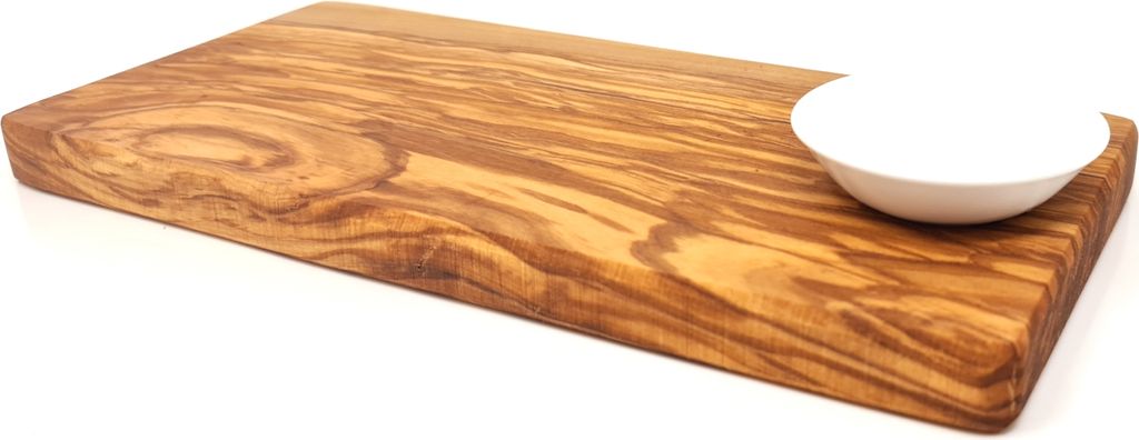 Servierbrett Servierplatte aus hochwertigem Olivenholz inklusive Dipschale | Vesperbrett | Schneidebrett | Käsebrett | wunderschöne Maserung 28x1...