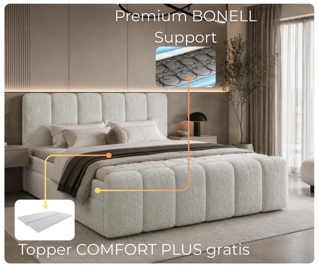 Boxspringbett LETT 180x200 cm Creme Bouclé mit Bettkasten & Topper - Modernes Polsterbett Coral 65