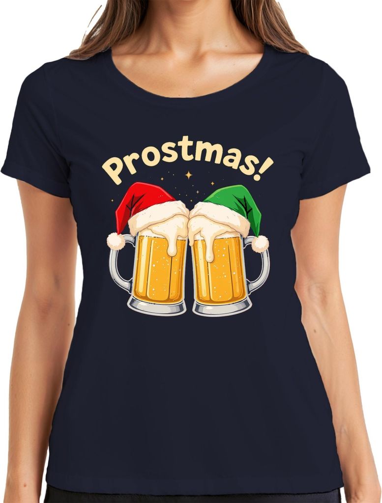 Prostmas Bierkrug Bier Weihnachten lustig Geschenk Party Vintage Damen T-Shirt, Navy, XXL