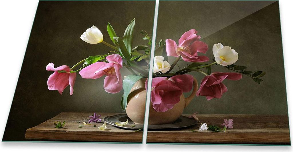 Herdabdeckplatte Glaskeramik 2-Teilig 2x40x52 Blumen Beige Abdeckung Spritzschutz Glas